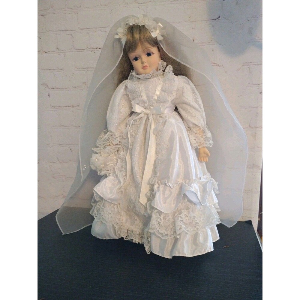Vintage Porcelain Bride Doll w/ Stand White Wedding Lace Bridal Dress 17"